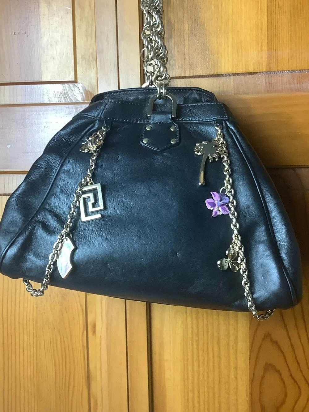 Versace for H&M Black Leather Shoulder Bag with Gold Chain and Charm Accents